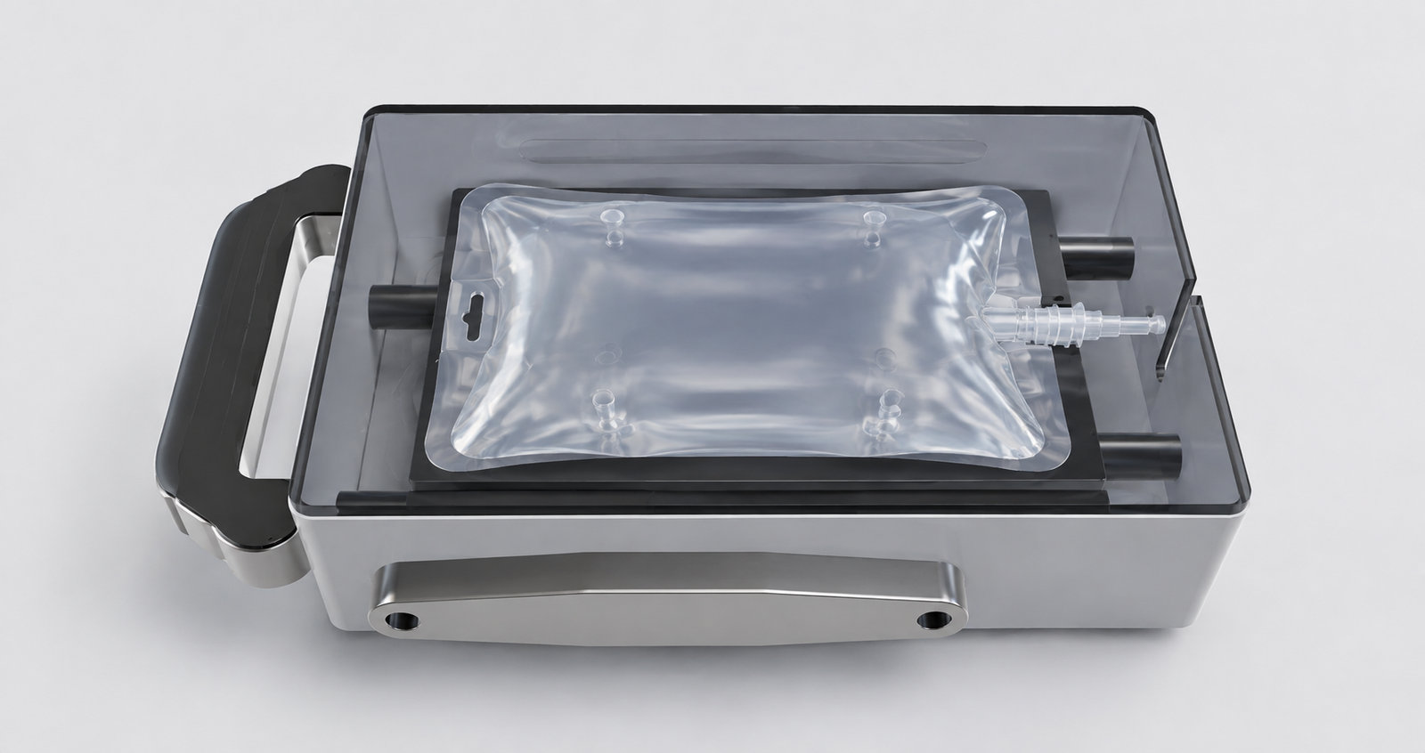 PERFU+3 medical technology with a flexible infusion bag positioned inside the device under a transparent cover