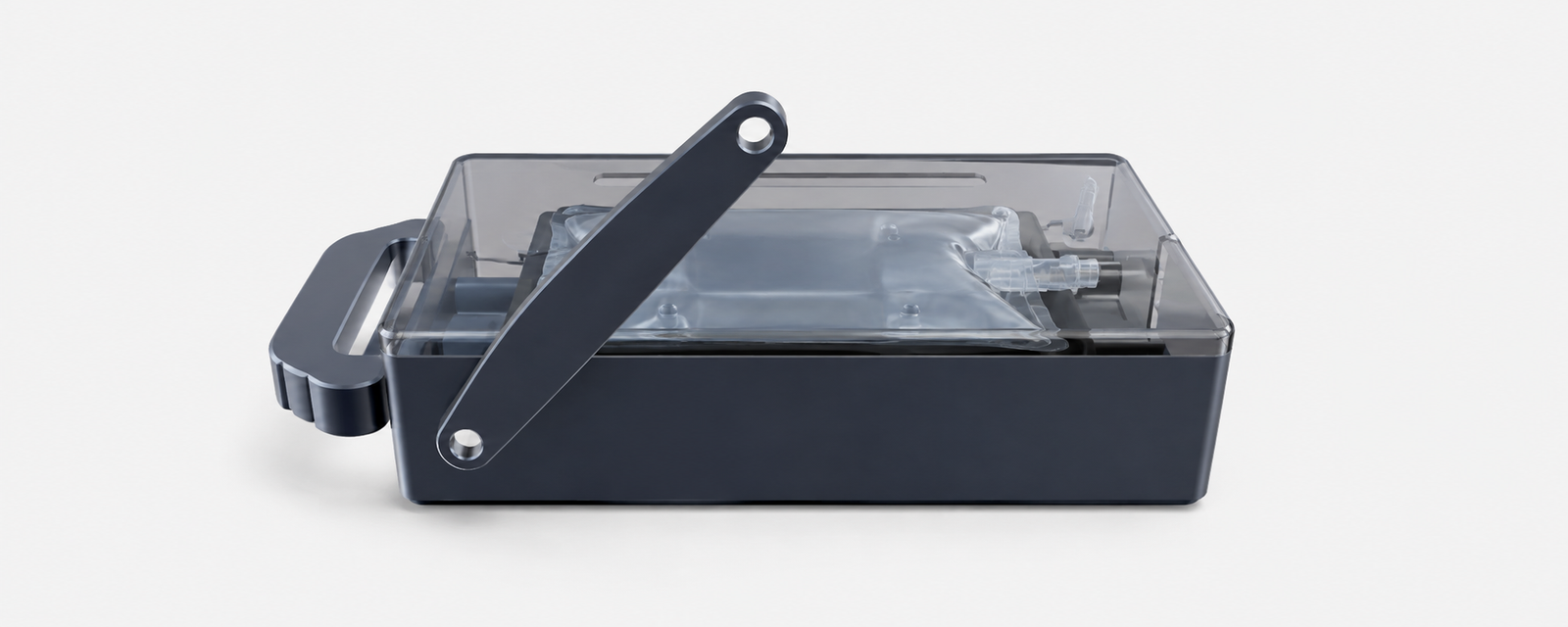 Side view of PERFU+3 with transparent cover, infusion bag and mechanical operating lever